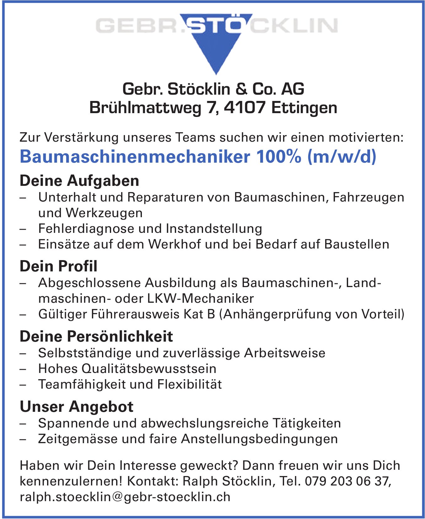 Baumaschinenmechaniker 100% (m/w/d), Gebr Stöcklin & Co AG, Ettingen, gesucht