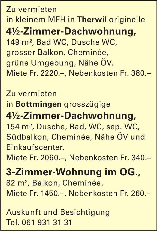 4½-Zimmer-Dachwohnung,, Bottmingen, zu vermieten