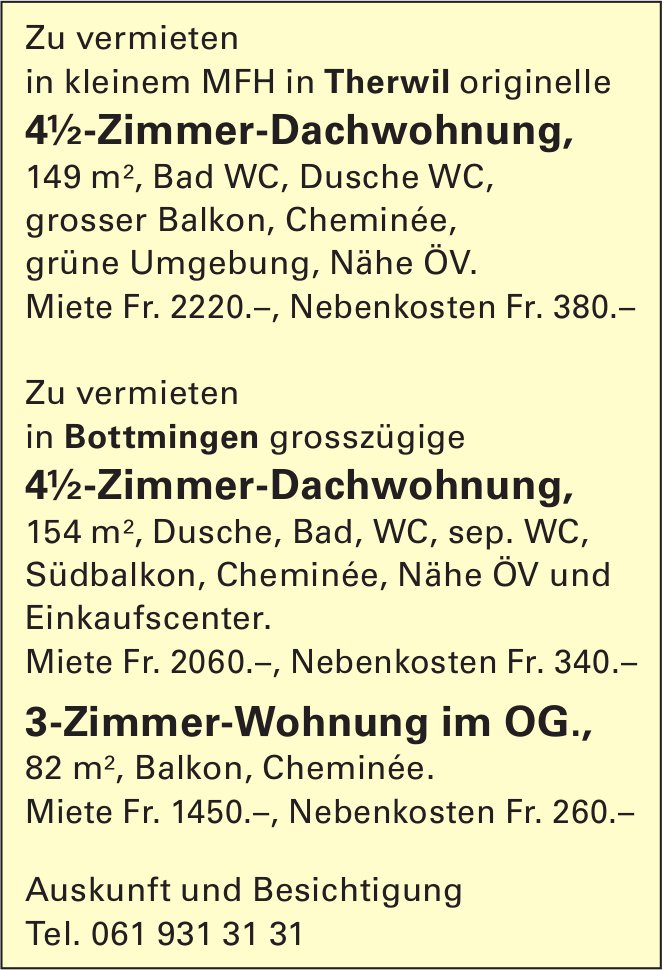4½-Zimmer-Dachwohnung,, Bottmingen, zu vermieten
