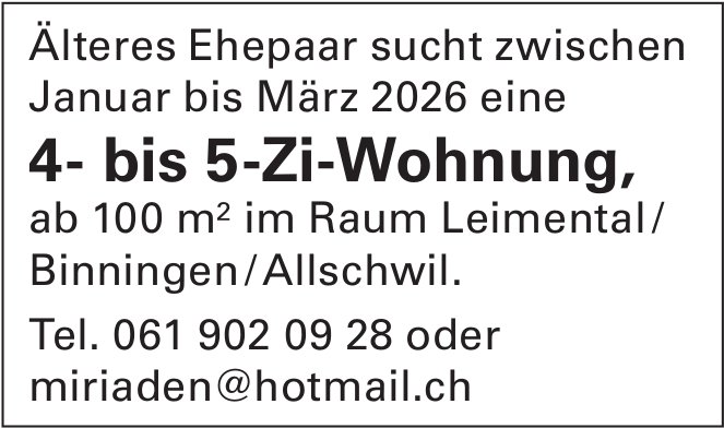 4- bis 5-Zi-Wohnung,, 4-Zimmer-Wohnung, Allschwil, zu mieten gesucht