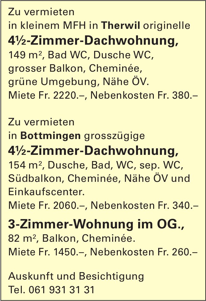 4½-Zimmer-Dachwohnung,, Bottmingen, zu vermieten