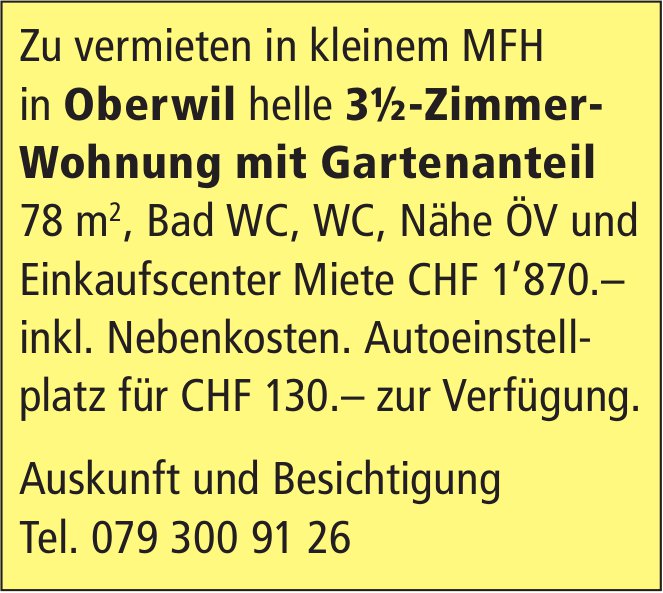 3½-Zimmer- Wohnung mit Gartenanteil, Oberwil, zu vermieten