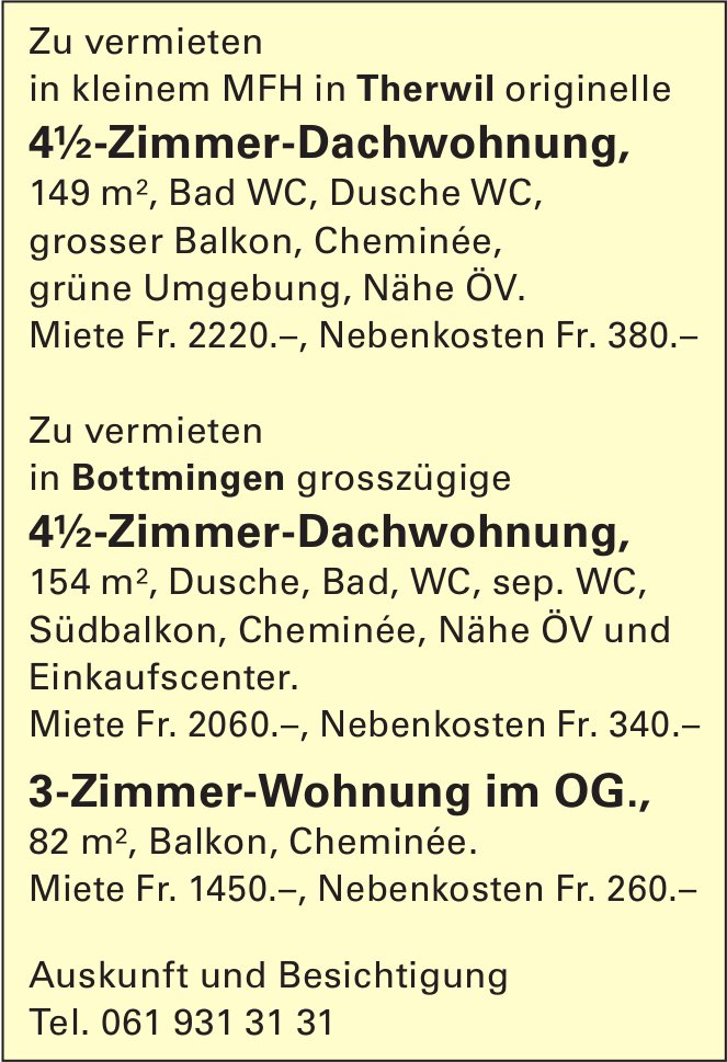 4½-Zimmer-Dachwohnung,, Therwil, zu vermieten