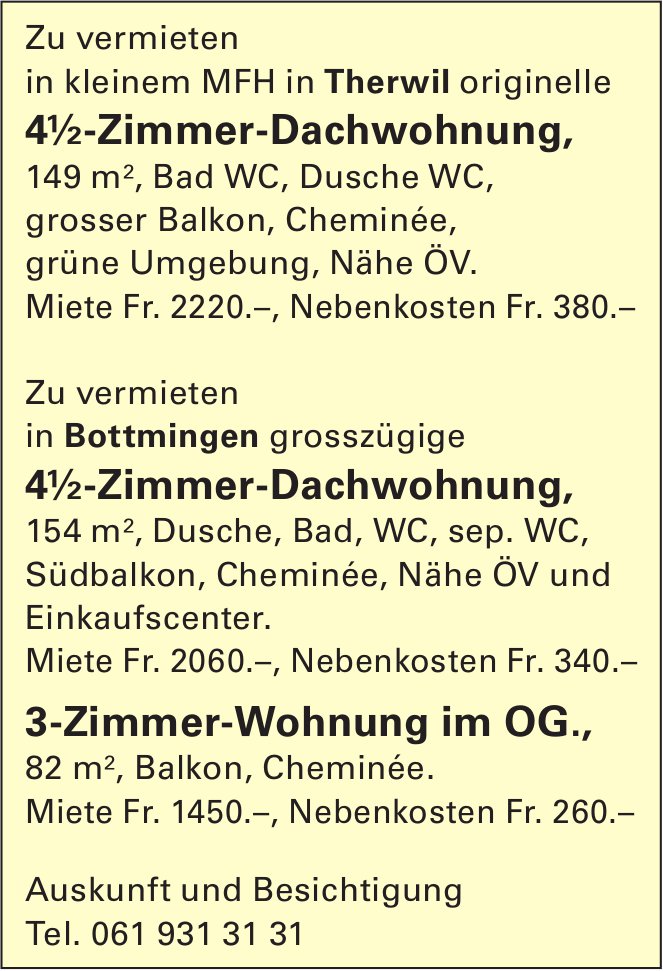4½-Zimmer-Dachwohnung,, Bottmingen, zu vermieten