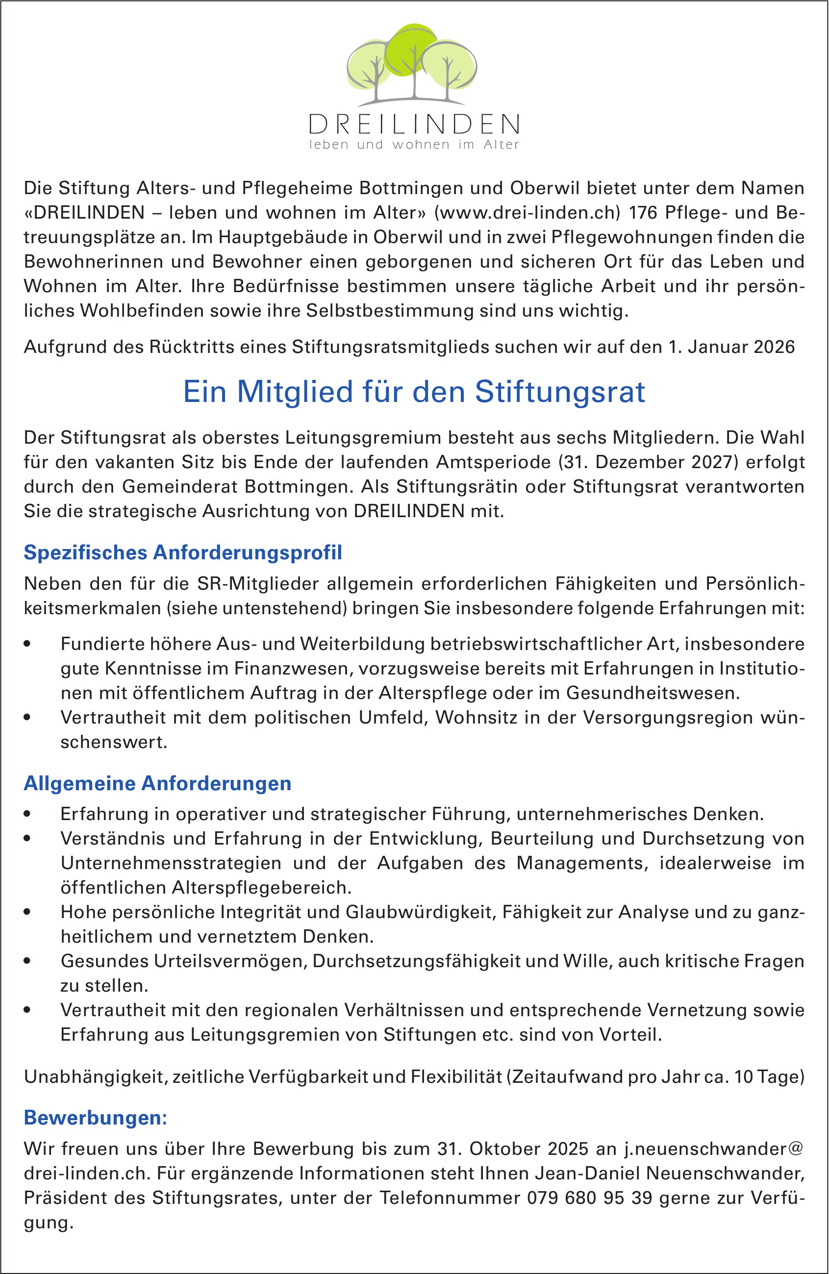 Ein Mitglied für den Stiftungsrat, Bottmingen, gesucht