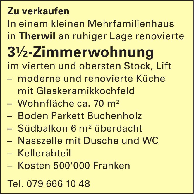 Renovierte 3½-Zimmerwohnung, Therwil, zu verkaufen