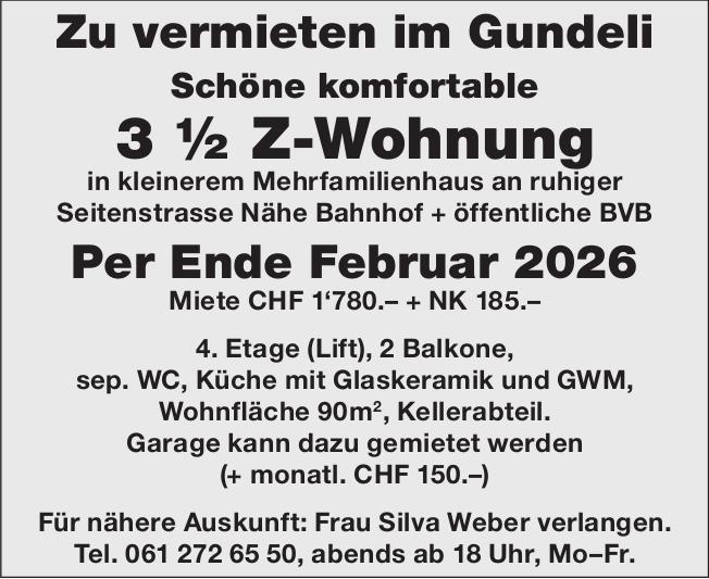 Schöne komfortable3 ½ Z-Zohnung, 3½-Zimmer-Wohnung, zu vermieten