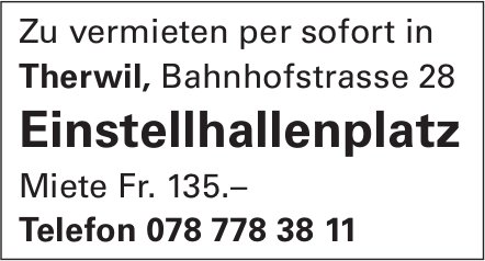 Einstellhallenplatz, Therwil, zu vermieten