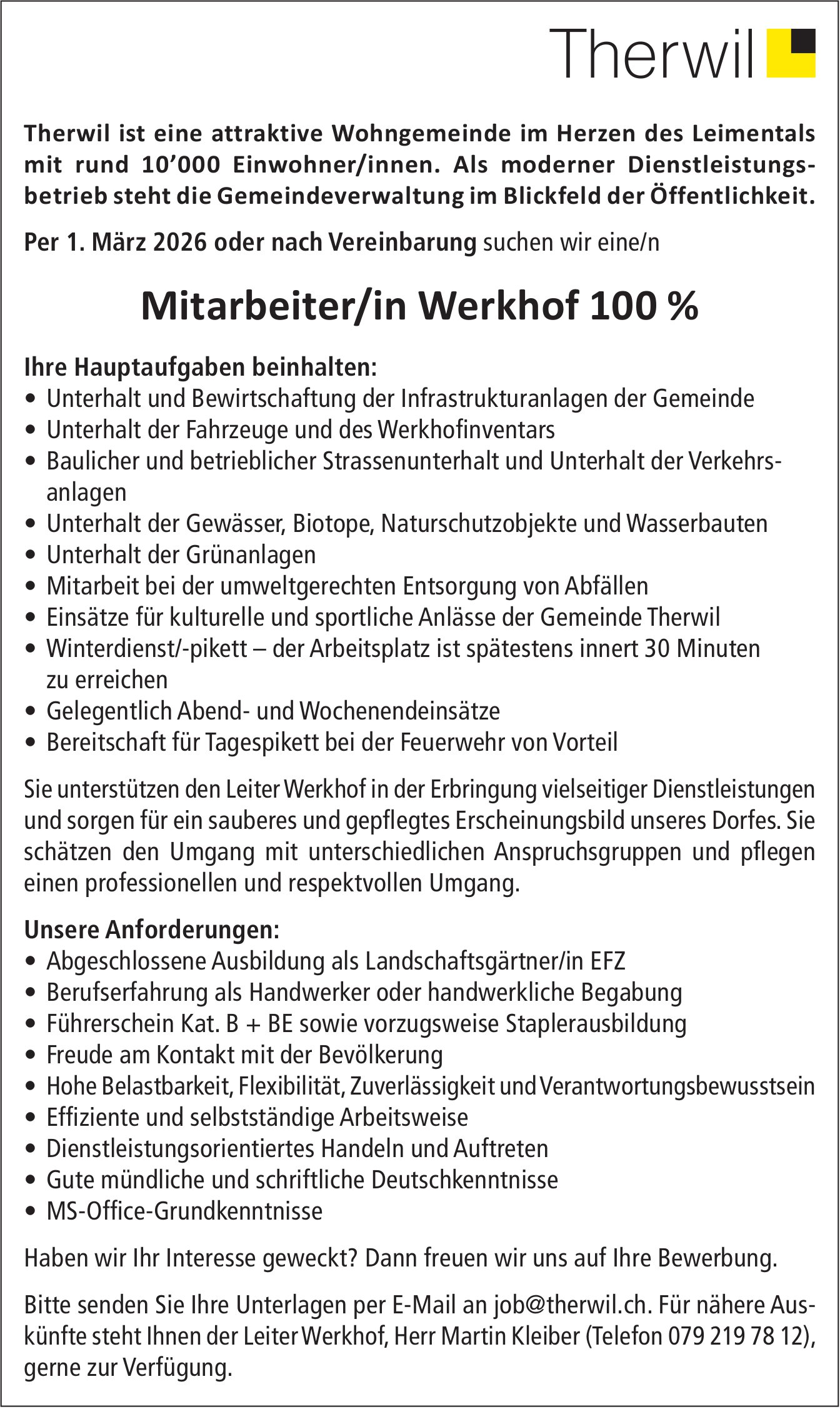 Mitarbeiter/in Werkhof 100 %, Therwil, gesucht