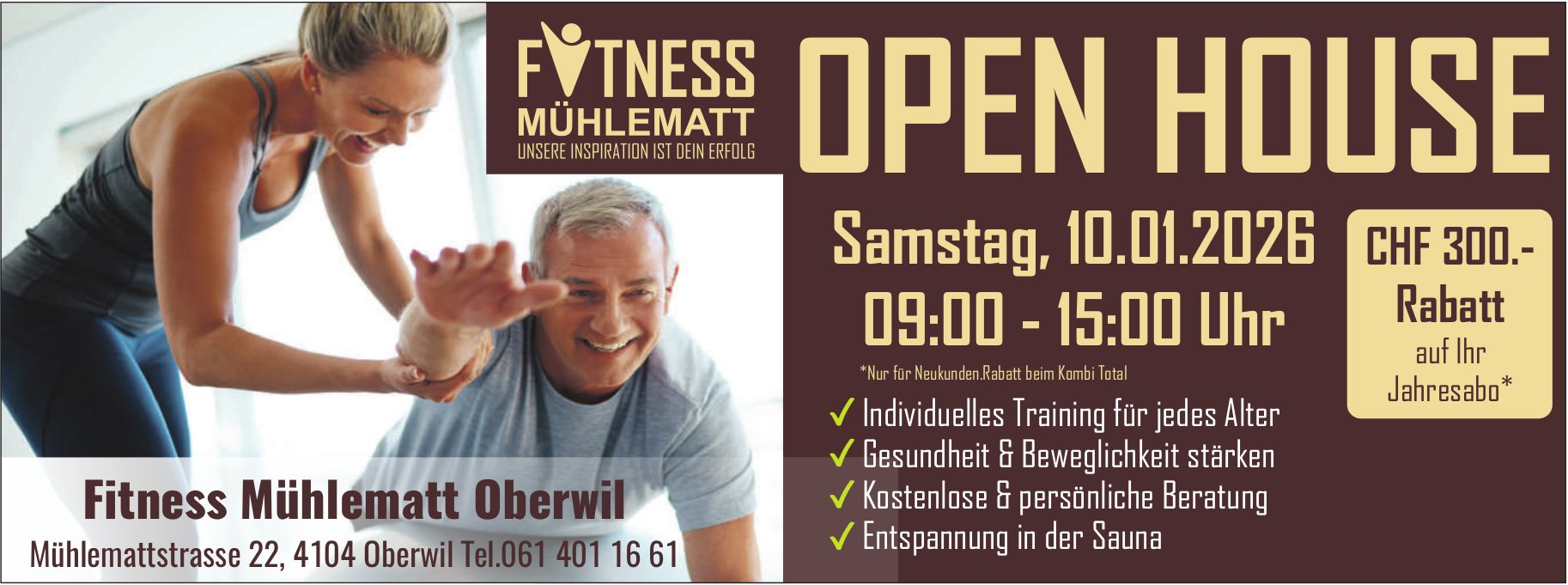 Fitness Mühlematt, Oberwil - OPEN HOUSE Samstag, 10.01.2026