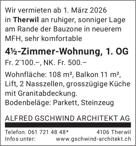 4½-Zimmer-Wohnung, 1. OG, Therwil,  zu vermieten