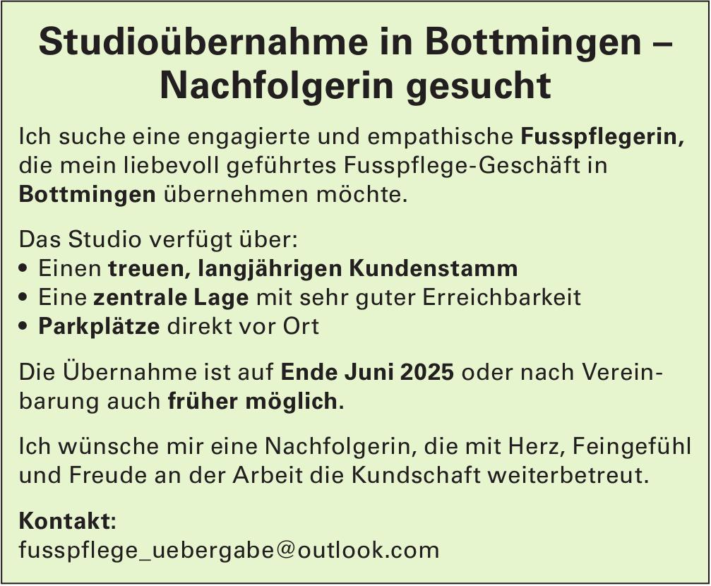 Studioübernahme in Bottmingen–Nachfolgerin gesucht
