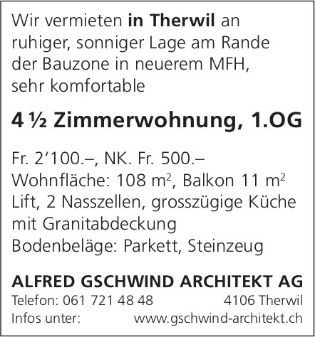4 ½ Zimmerwohnung, 1.OG, Therwil, zu vermieten