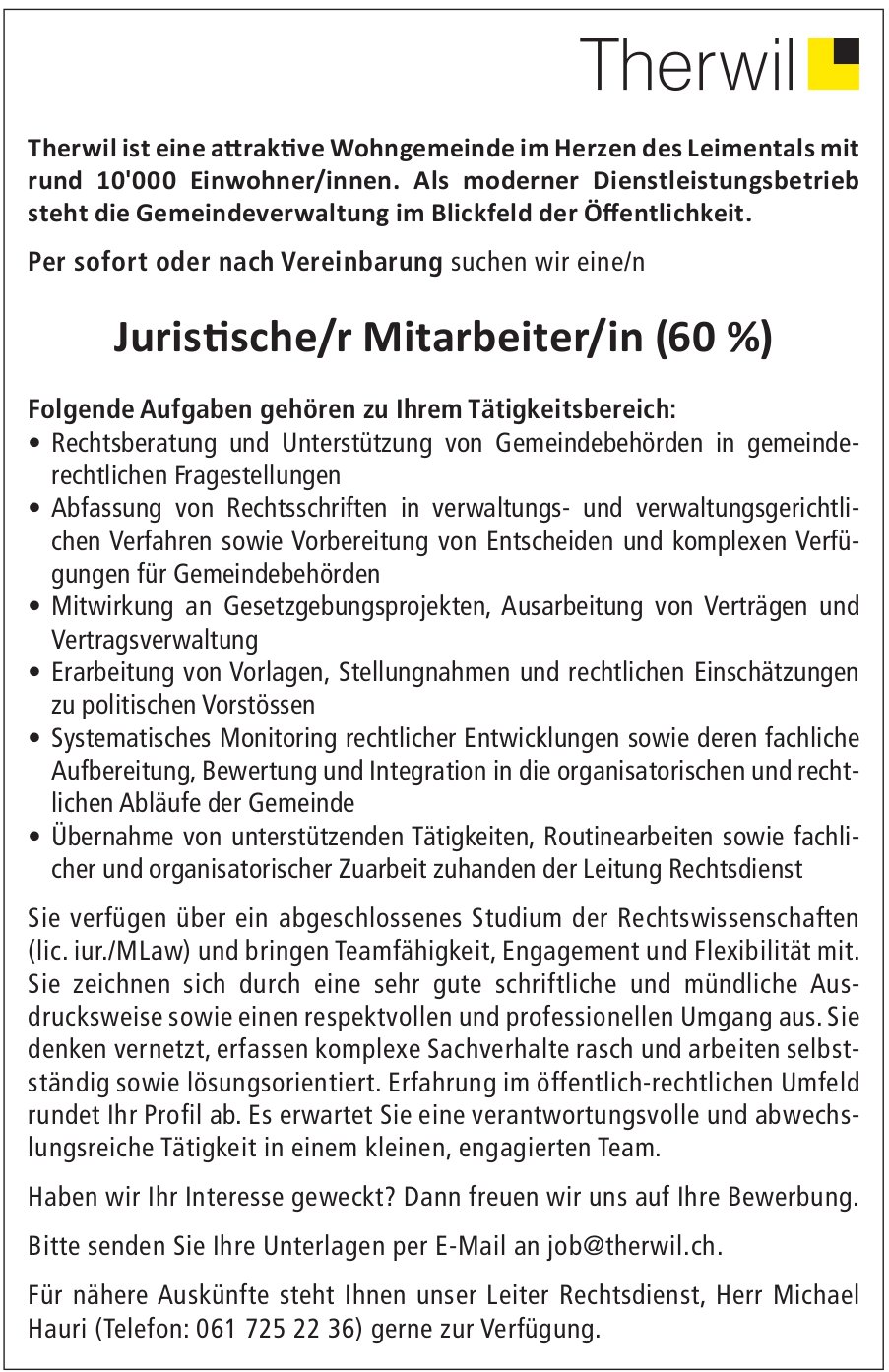 Juristische/r Mitarbeiter/in (60 %), Gemeinde Therwil, gesucht