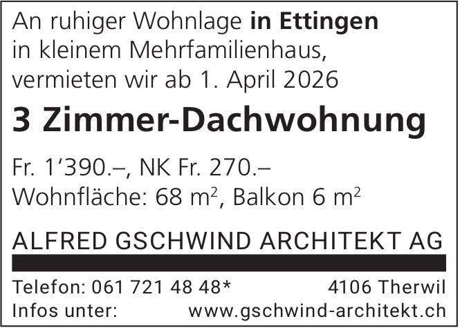 3 Zimmer-Dachwohnung, Therwil, zu vermieten
