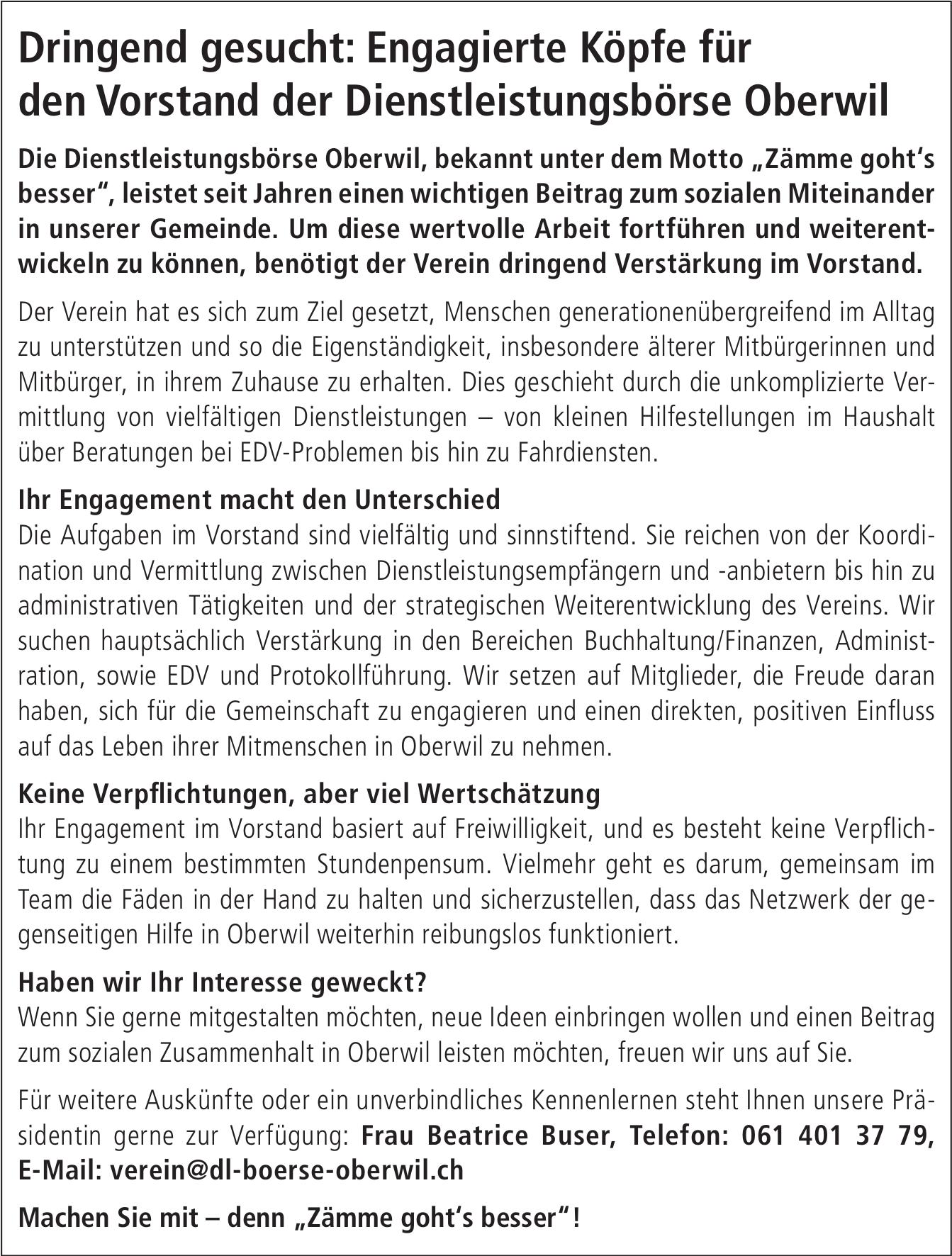 Engagierte Köpfe für den Vorstand der Dienstleistungsbörse Oberwil, Dienstleistungsbörse Oberwil, Gesucht