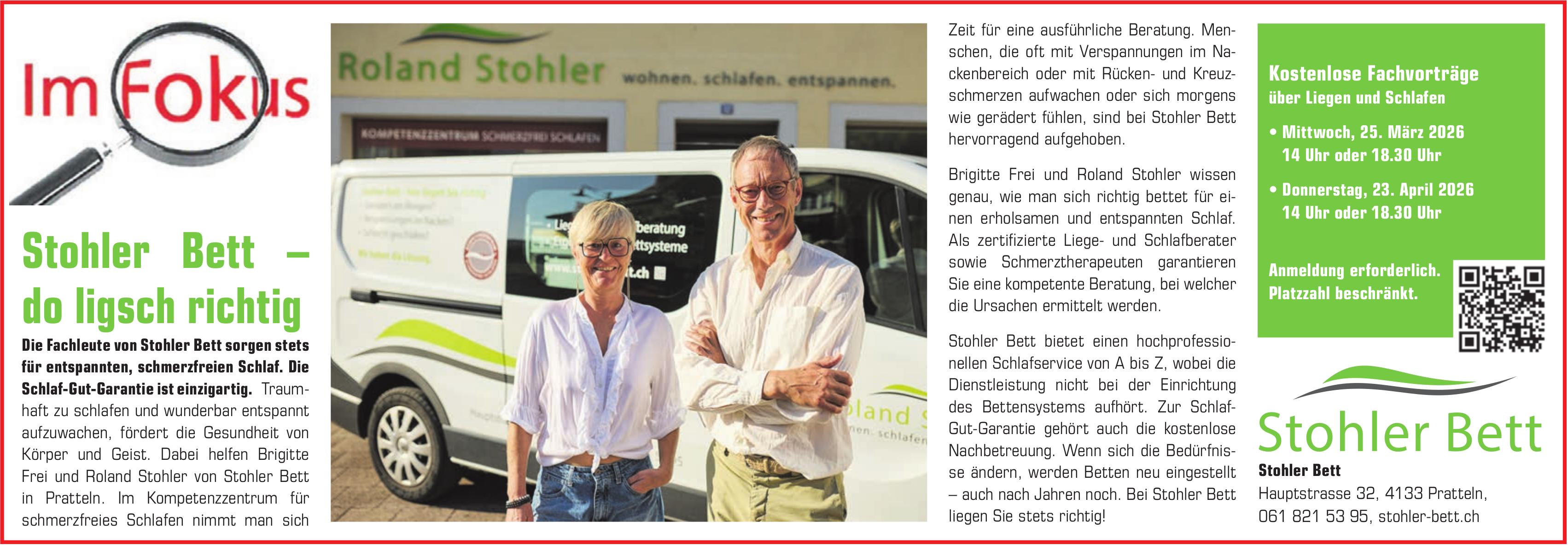 Kostenlose Fachvorträge über Liegen und Schlafen, 25. März / 23. April, Stohler Bett, Pratteln