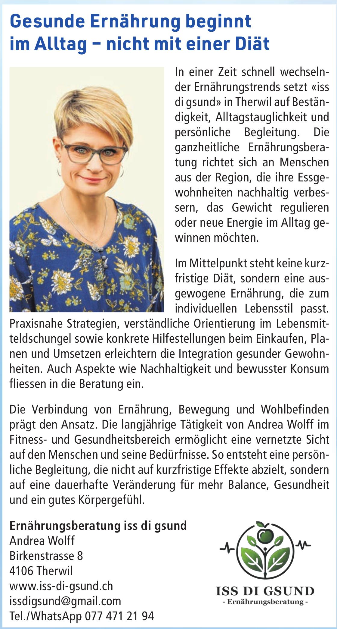 ISS DI GSUND, Therwil - Gesunde Ernährung beginnt im Alltag – nicht mit einer Diät