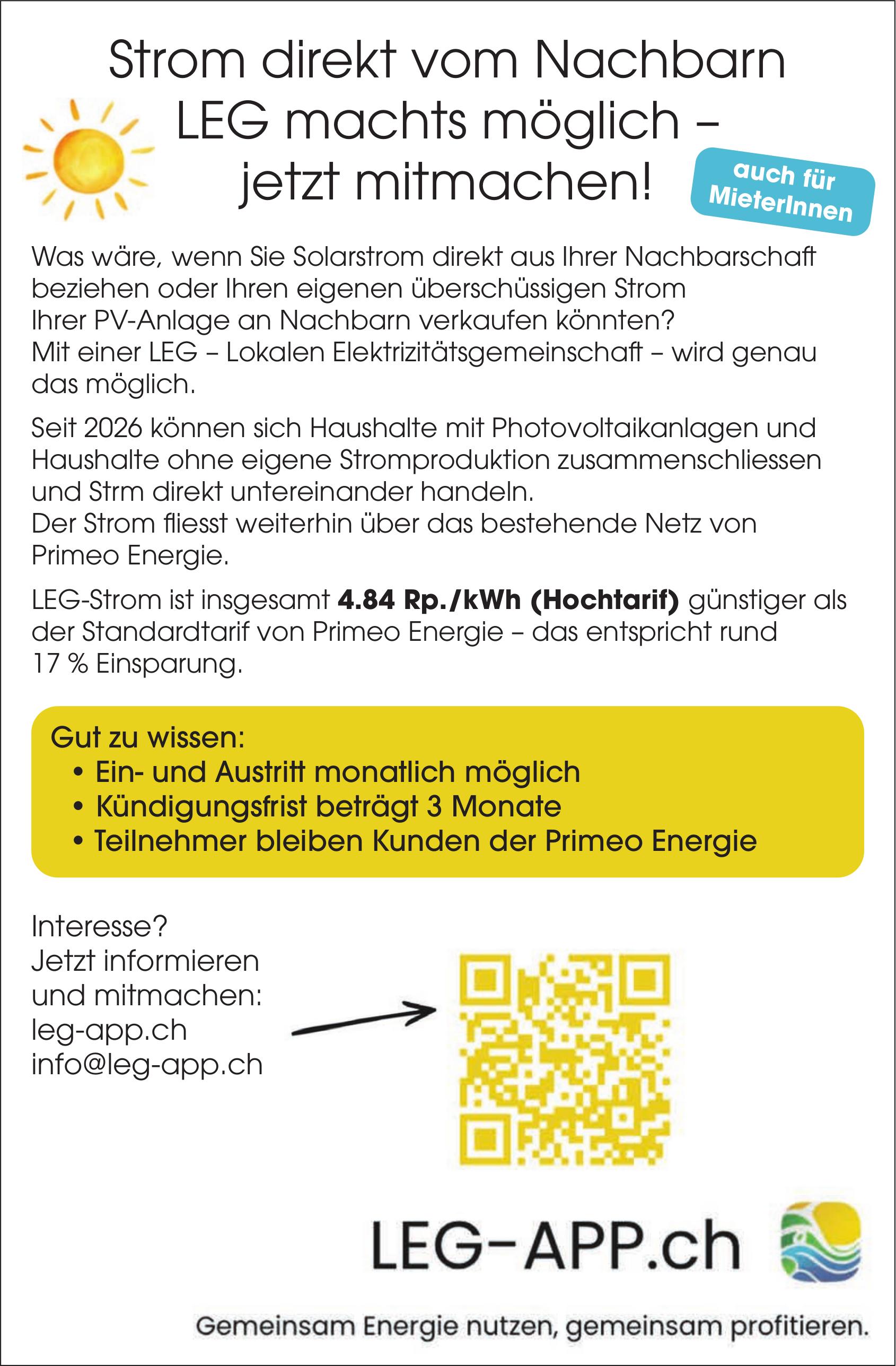 Strom direkt vom Nachbarn LEG machts möglich – jetzt mitmachen!