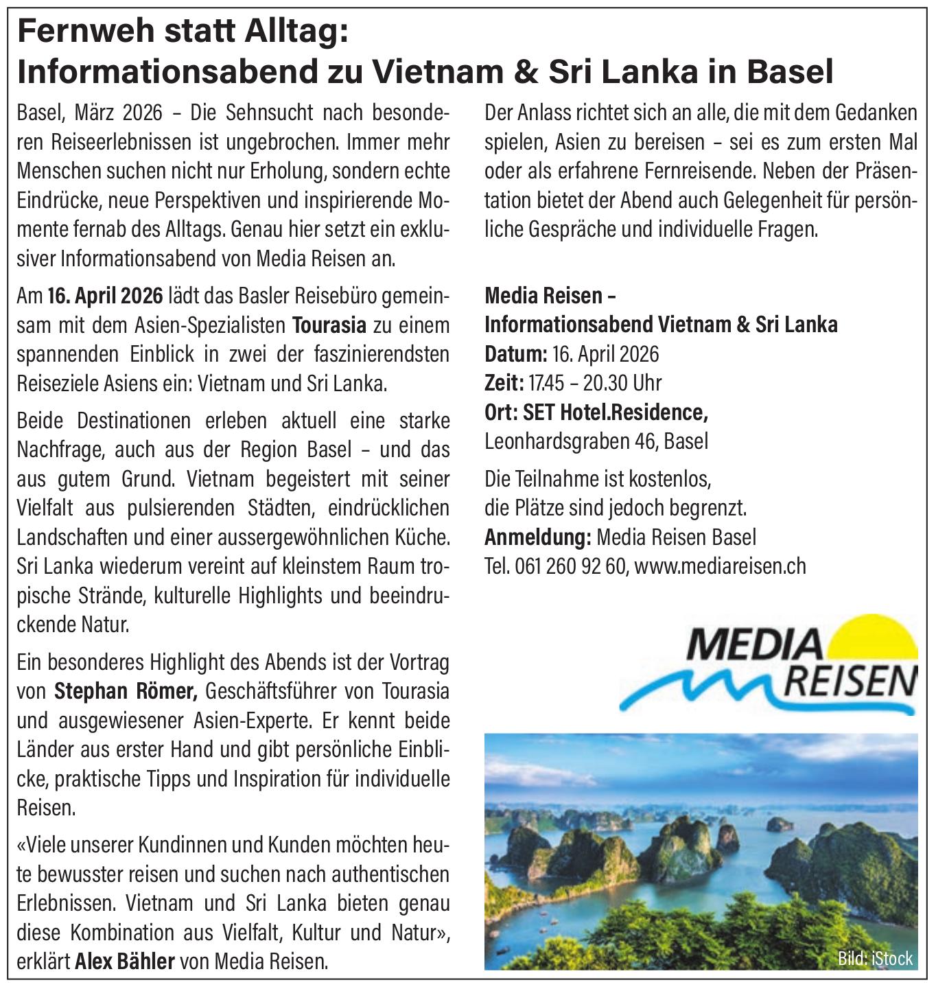 Mediareisen, Fernweh statt Alltag: Informationsabend zu Vietnam & Sri Lanka in Basel