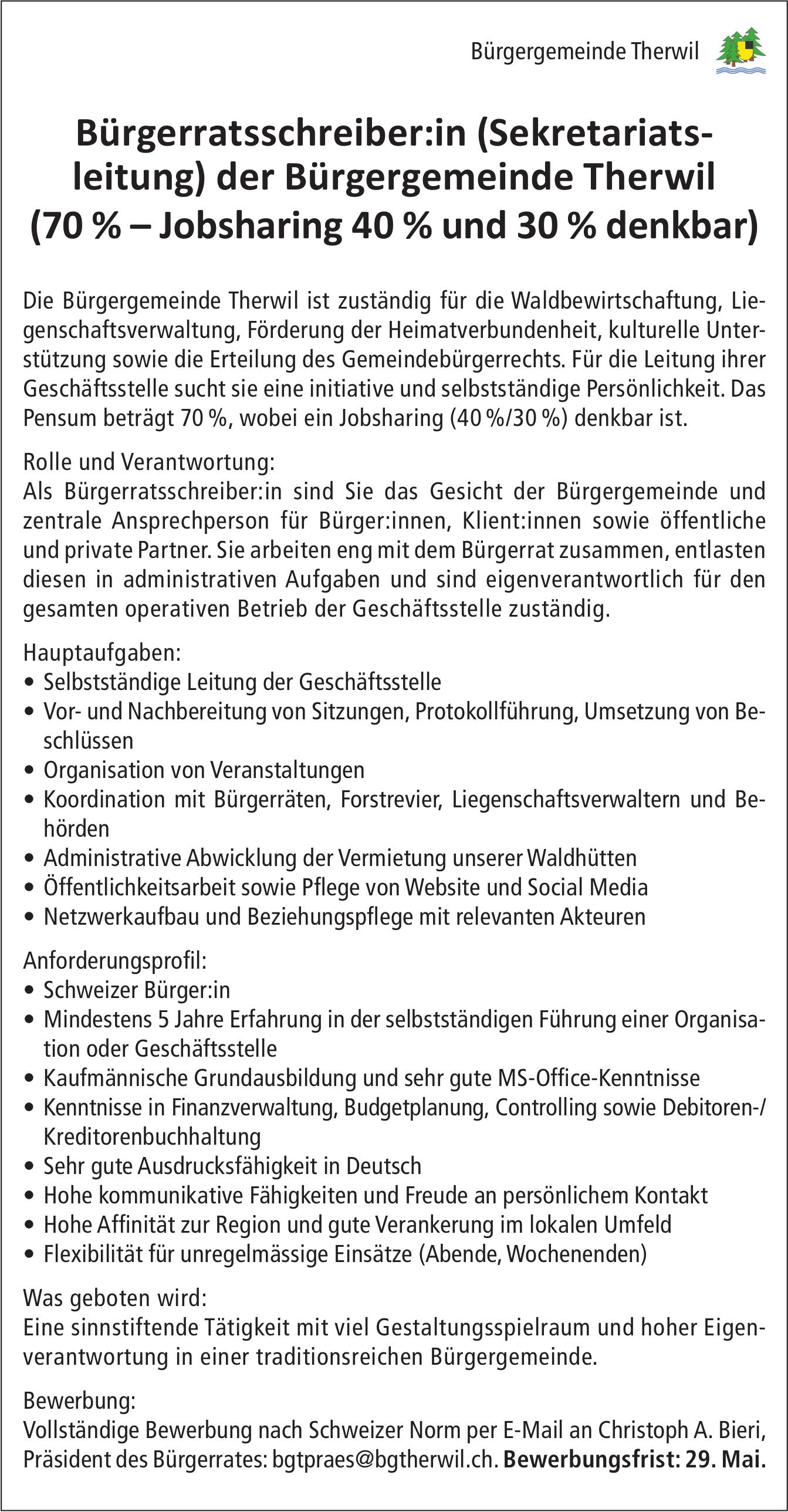 Bürgerratsschreiber:in (Sekretariatsleitung) der Bürgergemeinde Therwil (70 % – Jobsharing 40 % und 30 % denkbar), Bürgergemeinde Therwil, Gesucht