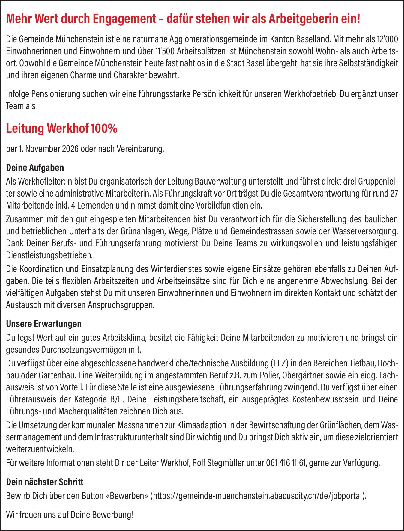 Leitung Werkhof 100%, Gemeinde Münchenstein, Gesucht