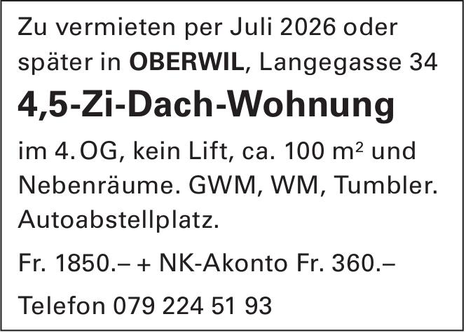 4½ Zimmer-Dach-Wohnung, Oberwil, zu vermieten