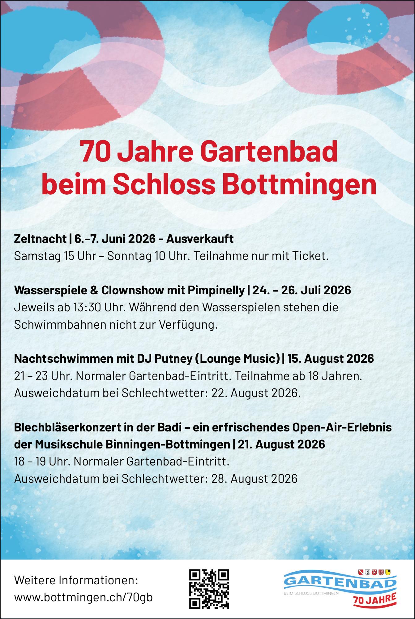 70 Jahre Gartenbad beim Schloss Bottmingen, 6. Juni - 28. August, Gartenbad beim Schloss Bottmingen