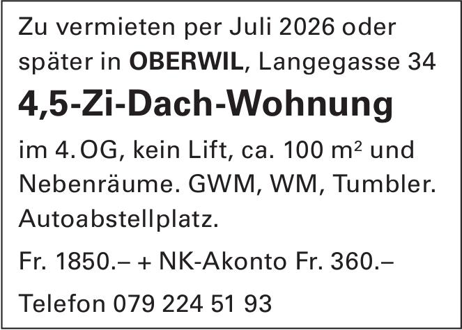 4½ Zimmer-Dach-Wohnung, Oberwil, zu vermieten