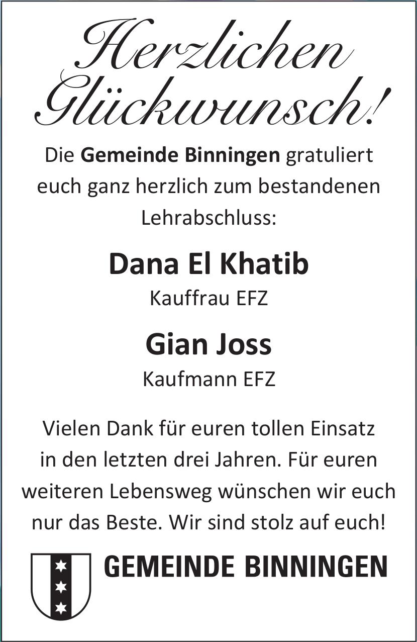 Die Gemeinde Binningen gratuliert euch ganz herzlich zum bestandenen Lehrabschluss: