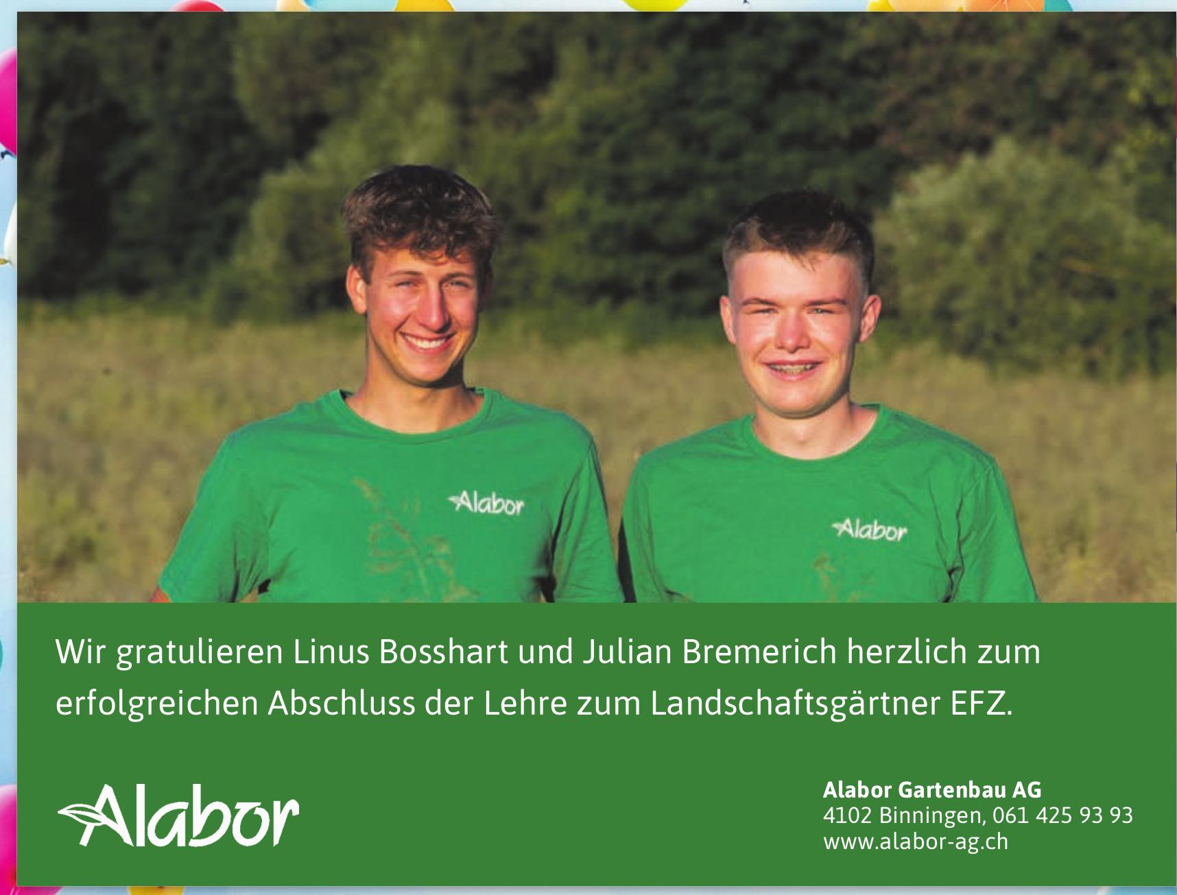 Alabor Gartenbau AG, Binningen - Wir gratulieren Linus Bosshart und Julian Bremerich herzlich zum erfolgreichen Abschluss der Lehre zum Landschaftsgärtner EFZ.