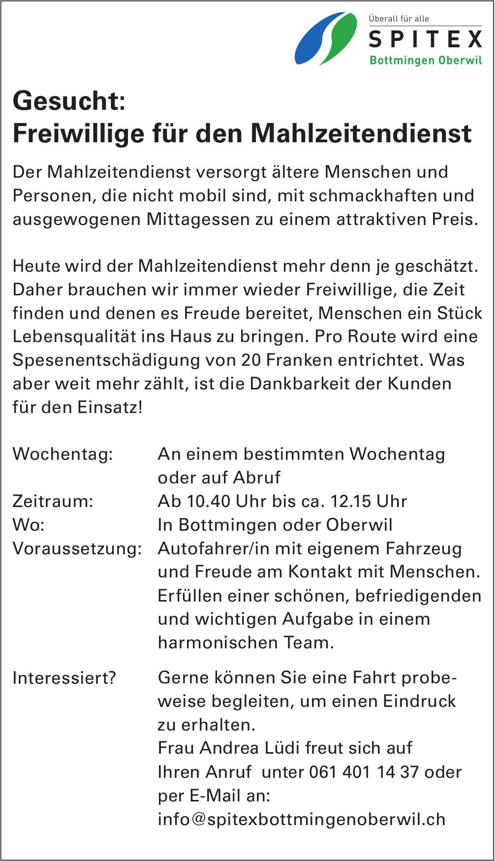 Freiwillige für den Mahlzeitendienst, SPITEX Binningen Oberwil, Gesucht