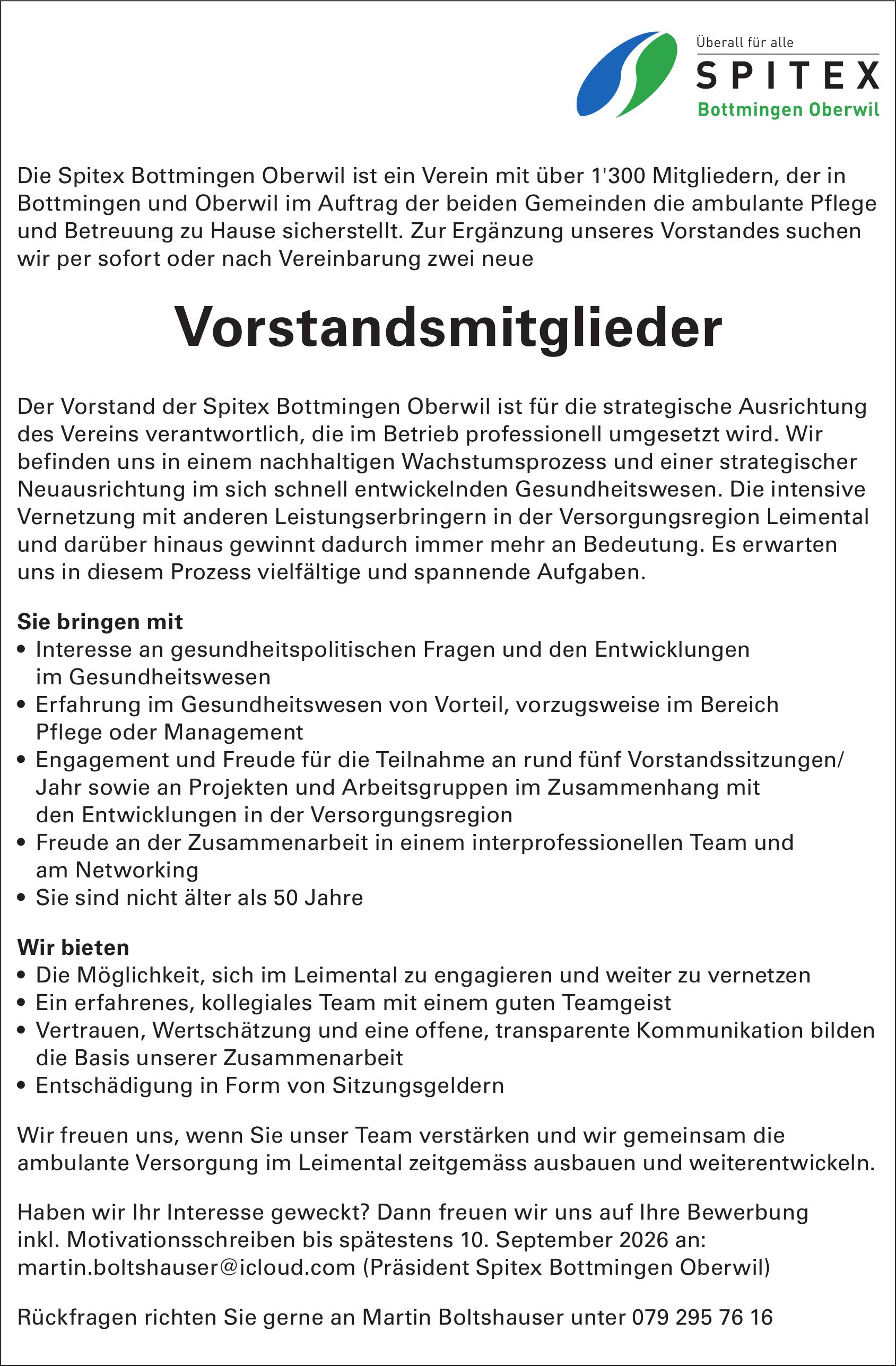Vorstandsmitglieder, Spitex Binningen Oberwil, Gesucht