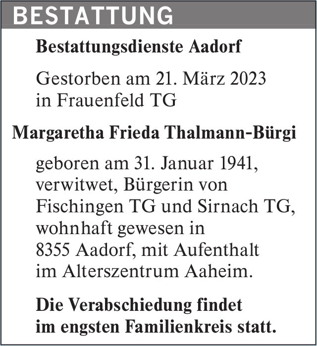 Margaretha Frieda Thalmann-Bürgi, März 2023 / TA