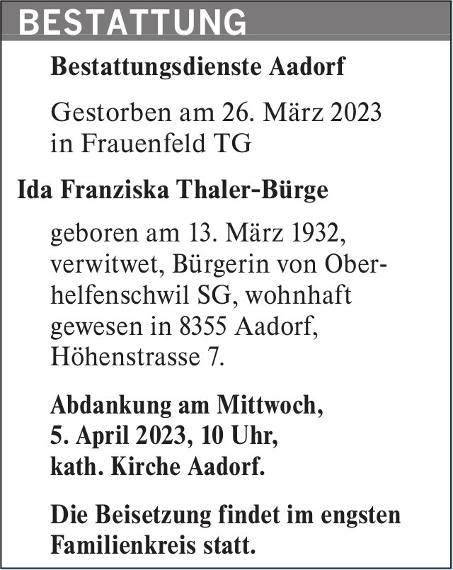 Thaler-Bürge Ida Franziska, März 2023 / TA