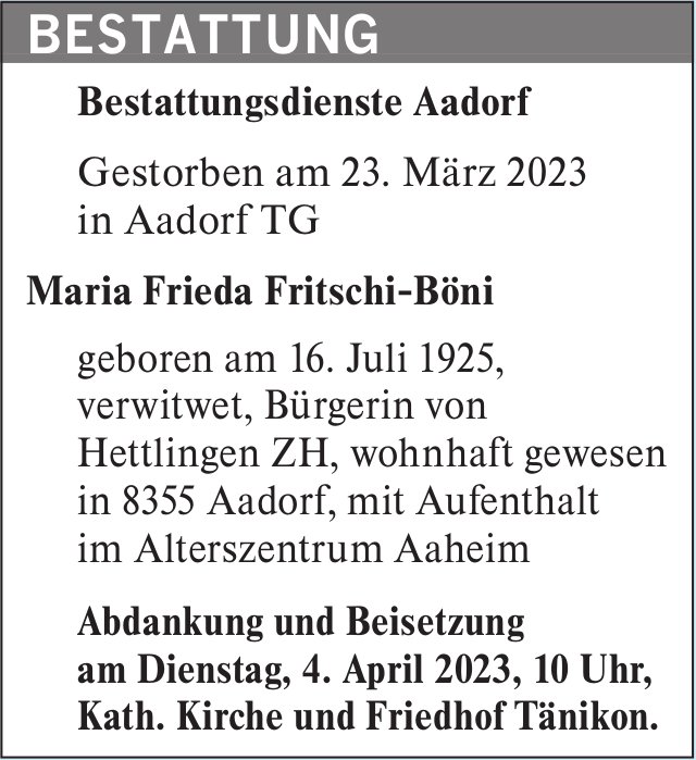 Fritschi-Böni Maria Frieda, März 2023 / TA
