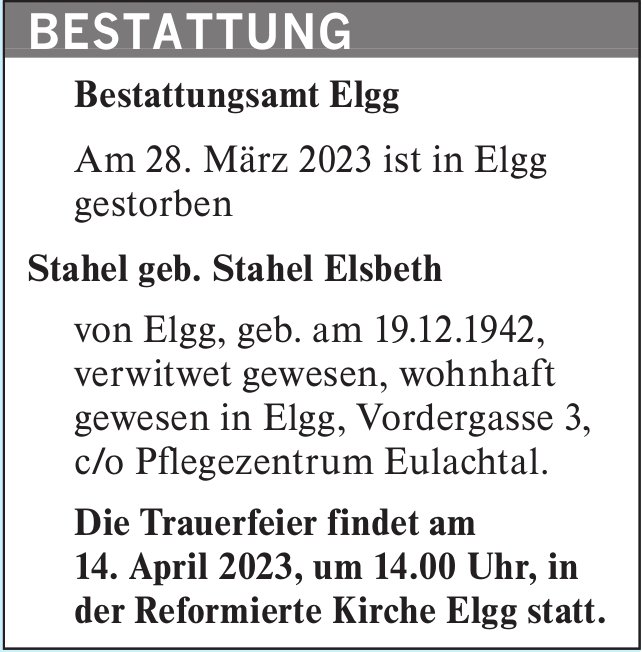 Stahel geb. Stahel Elsbeth, März 2023 / TA