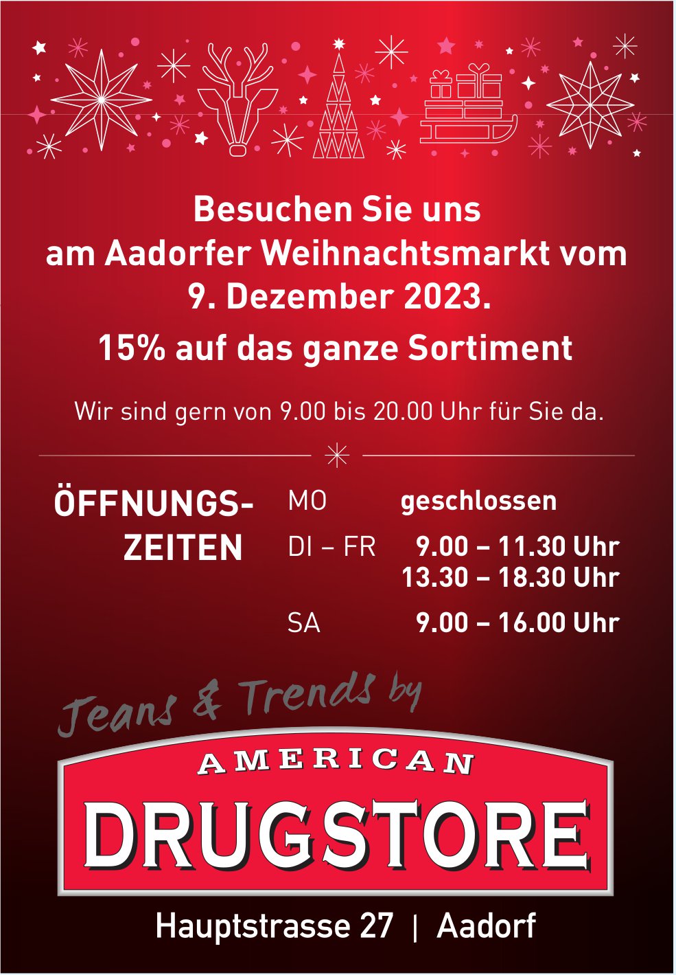 American Drugstore, Aadorf - 15% auf das ganze Sortiment am Weihnachtsmarkt