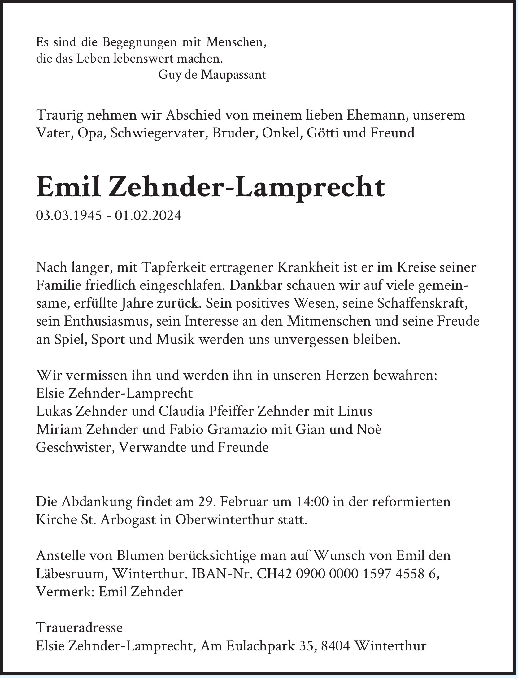 Zehnder-Lamprecht Emil, Februar 2024 / TA
