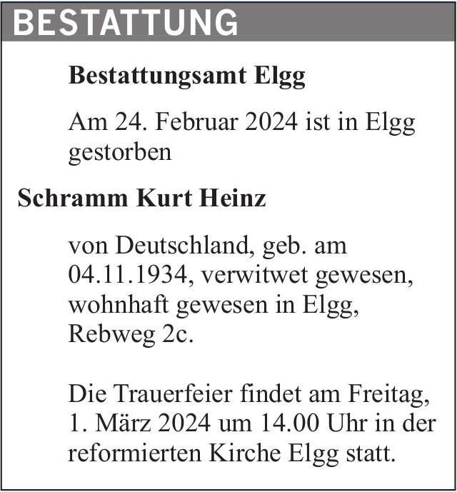 Schramm Kurt Heinz, Februar 2024 / TA