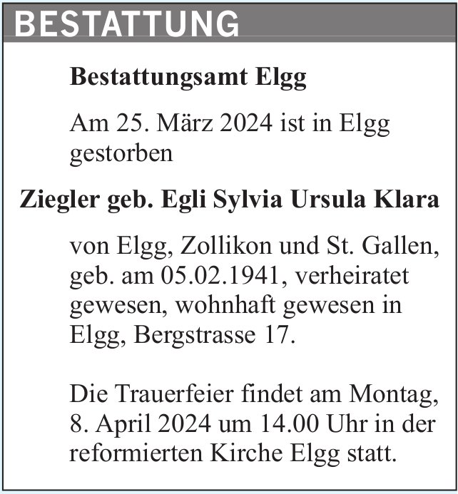 Ziegler geb. Egli Sylvia Ursula Klara, März 2024 / TA