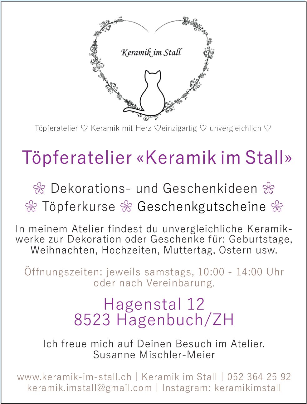 Töpferatelier «Keramik im Stall», Hagenbuch/ZH - Dekorations- und Geschenkideen, Töpferkurse,  Geschenkgutscheine