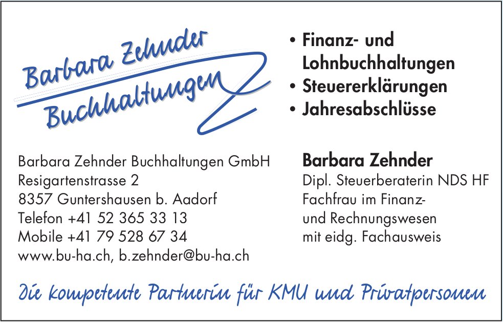 Barbara Zehnder Buchhaltungen GmbH, Guntershausen b. Aadorf - Die kompetente Partnerin für KMU und Privatpersonen