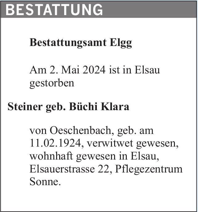 Steiner geb. Büchi Klara, Mai 2024 / TA