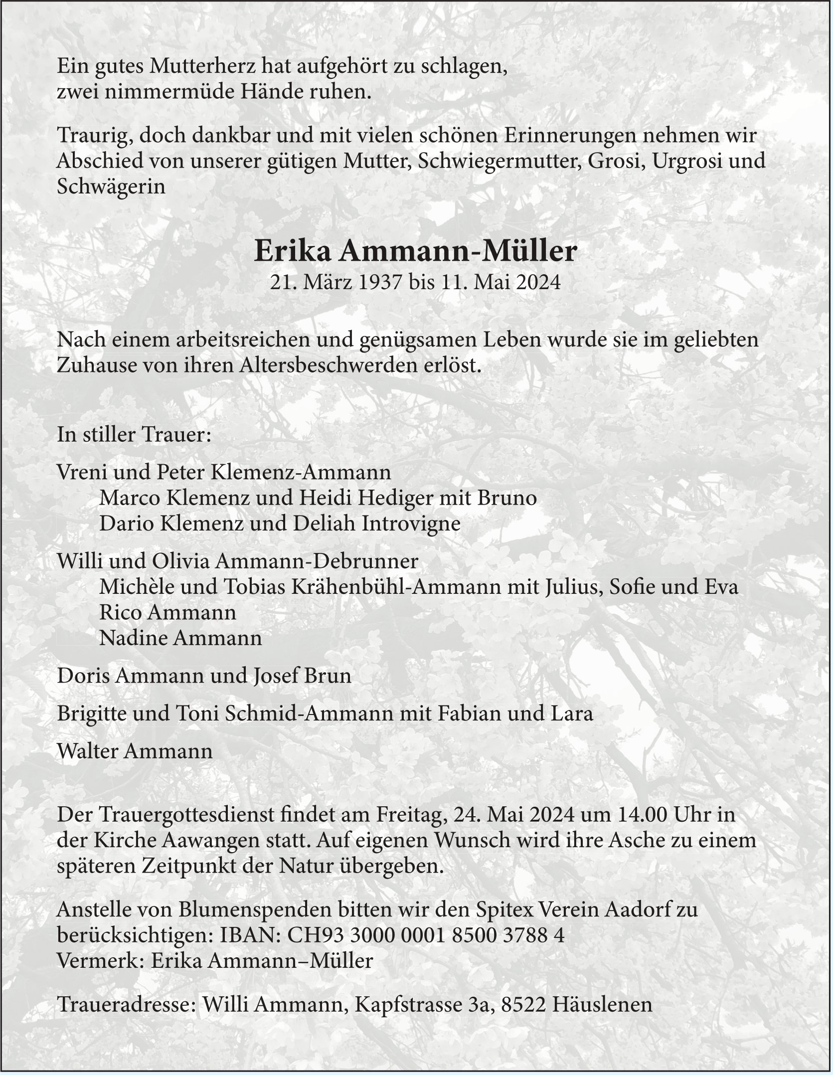 Ammann-Müller Erika, Mai 2024 / TA