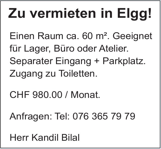 Raum ca. 60 m², Elgg, zu vermieten
