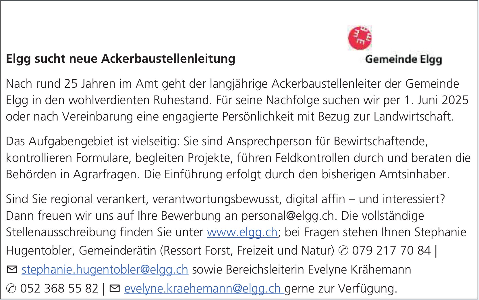 Ackerbaustellenleitung, Gemeinde, Elgg, gesucht