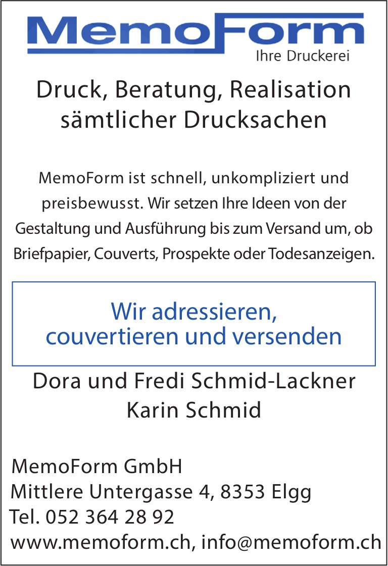MemoForm GmbH, Elgg - Druck, Beratung, Realisation sämtlicher Drucksachen