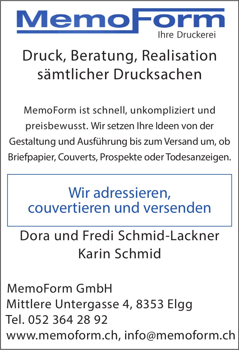MemoForm GmbH, Elgg - Druck, Beratung, Realisation sämtlicher Drucksachen