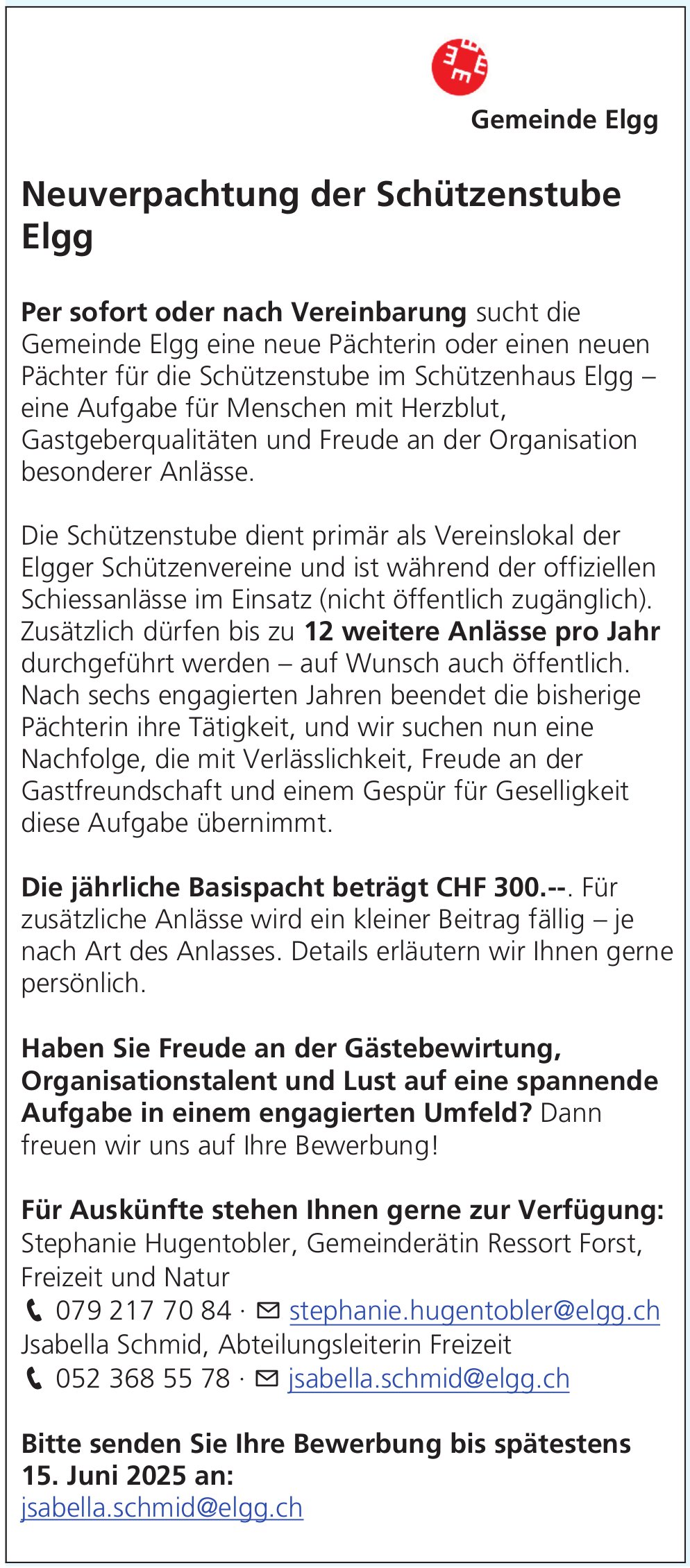 Neuverpachtung der Schützenstube, Elgg